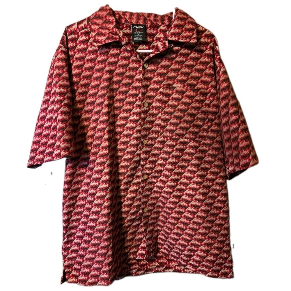 Vintage FUBU The Collection Red Script Logo Button Down Shirt Mens Medium 90s